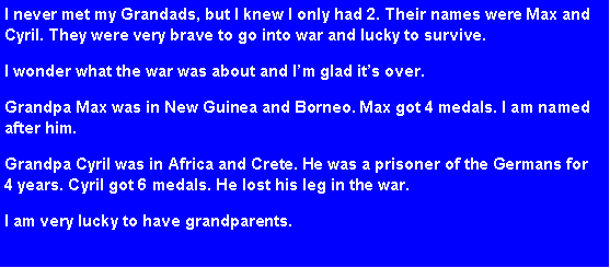 Text Box: I never met my Grandads, but I knew I only had 2. Their names were Max and Cyril. They were very brave to go into war and lucky to survive.I wonder what the war was about and I�m glad it�s over.Grandpa Max was in New Guinea and Borneo. Max got 4 medals. I am named after him.Grandpa Cyril was in Africa and Crete. He was a prisoner of the Germans for   4 years. Cyril got 6 medals. He lost his leg in the war. I am very lucky to have grandparents.